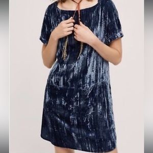 Anthropologie Floreat Blue Crushed Velvet Short Sleeve Dress